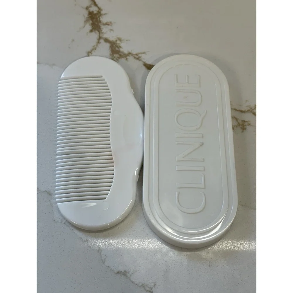 Vintage Clinique Comb & Mirror Set Snap‎ White Travel Compact Purse Plastic Fine